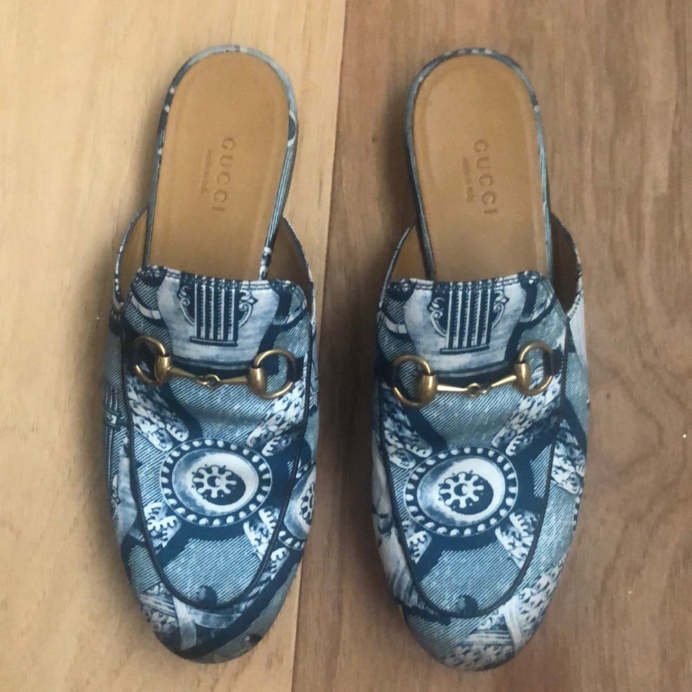 Gucci Princetown silk Roman blue loafer slides